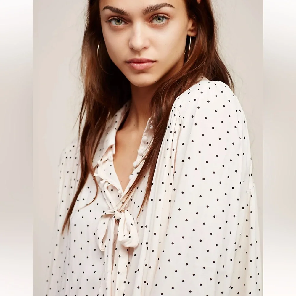 Free People Beige Pink Kennedy Button Down Polka Dot Bell Sleeve Blouse Size L - Picture 3 of 13